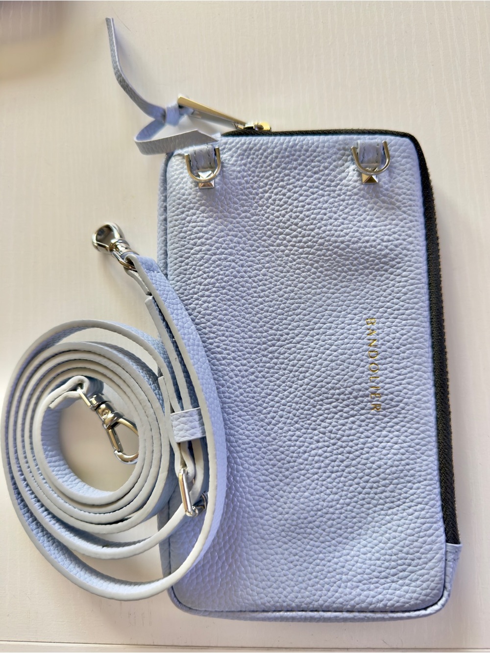 Bandolier Pebbled Leather Expanded Pouch Handbag Crossbody & Strap Light Blue